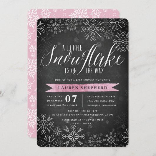 Little Snowflake Pink Chalkboard Baby shower Kaart (Voorkant / Achterkant)