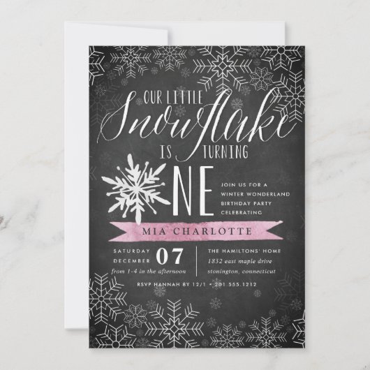 Little Snowflake Pink Chalkboard eerste verjaardag Kaart (Voorkant)