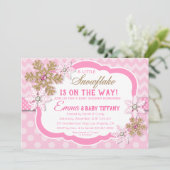 Little Snowflake Pink en Gold Glitter Baby shower Kaart (Staand voorkant)