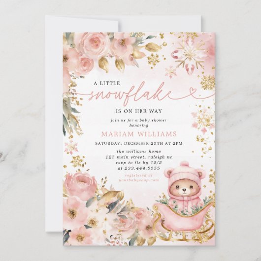Little Snowflake Pink Floral Beer Baby shower Kaart (Voorkant)