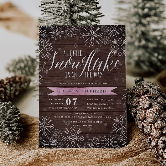 Little Snowflake Pink Rustic Wood Baby shower Kaart