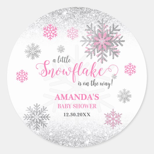 Little Snowflake Pink Silver Glittery Baby Shower Ronde Sticker (Voorkant)