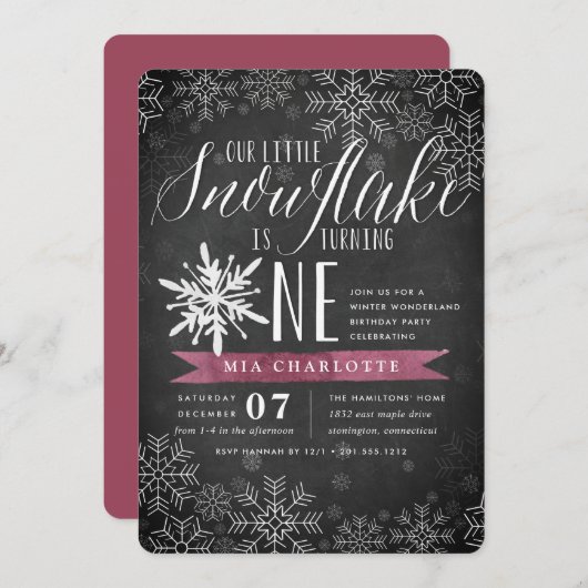 Little Snowflake Plum Chalkboard eerste verjaardag Kaart (Voorkant / Achterkant)