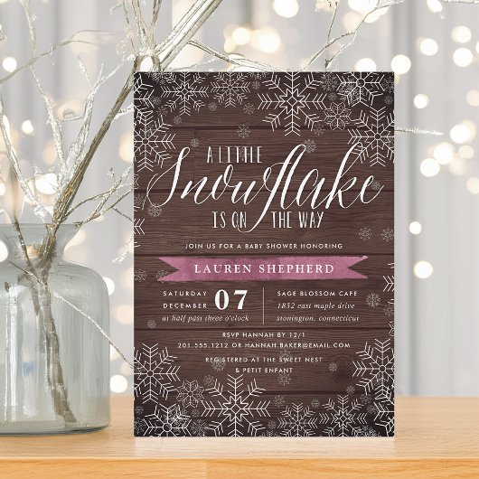 Little Snowflake Plum Rustic Wood Baby shower Kaart