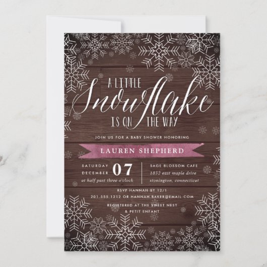 Little Snowflake Plum Rustic Wood Baby shower Kaart (Voorkant)