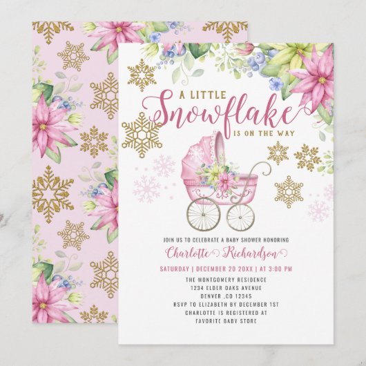 Little Snowflake Roze Bloemen Wandelwagen Baby sho Kaart (Voorkant / Achterkant)