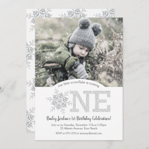 Little Snowflake Silver Glitter 1st Birthday Foto Kaart