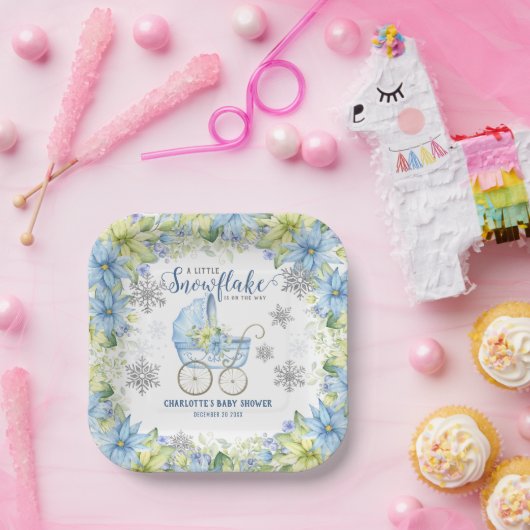 Little Snowflake Winter Bloemenblauw Baby shower Papieren Bordje (Feest)