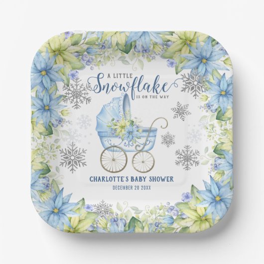 Little Snowflake Winter Bloemenblauw Baby shower Papieren Bordje (Voorkant)