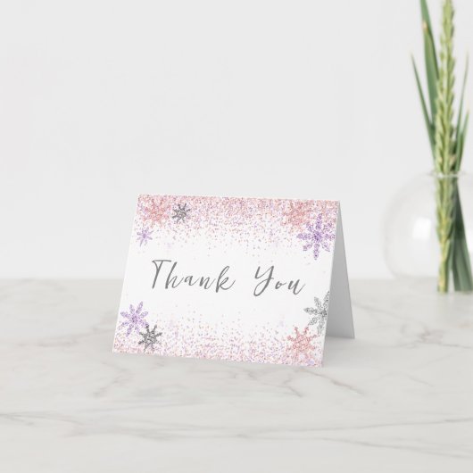 Little Snowflake Winter Roze Baby shower Zilver Bedankkaart (Voorkant)