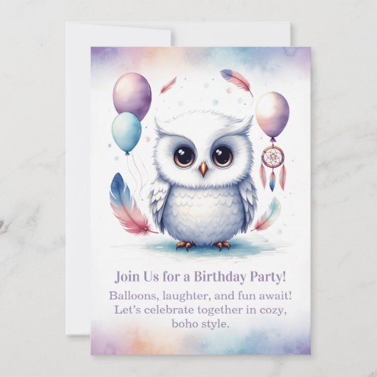 Little Snowy Owl Birthday Invitation Boho  Kaart (Voorkant)