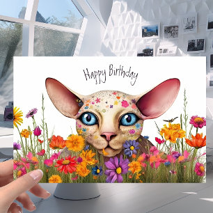 Little Sphynx Cat in the Flower Meadow - Birthday Kaart