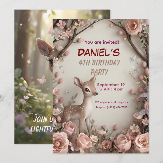 Little Spotted Deer Woodland verjaardagsuitnodigin Kaart (Voorkant / Achterkant)