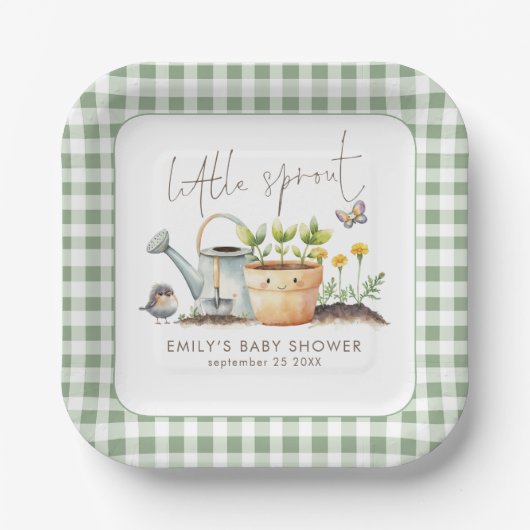 Little Sprout Sage Gingham Garden Baby Shower Papieren Bordje (Voorkant)