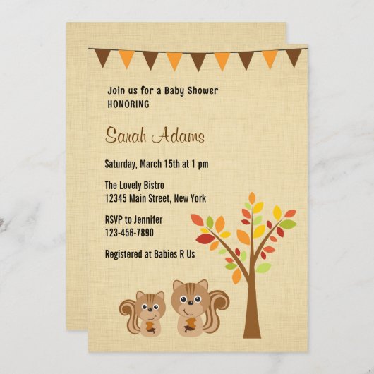 Little Squirrel Baby shower Invitation Rustic Kaart (Voorkant / Achterkant)