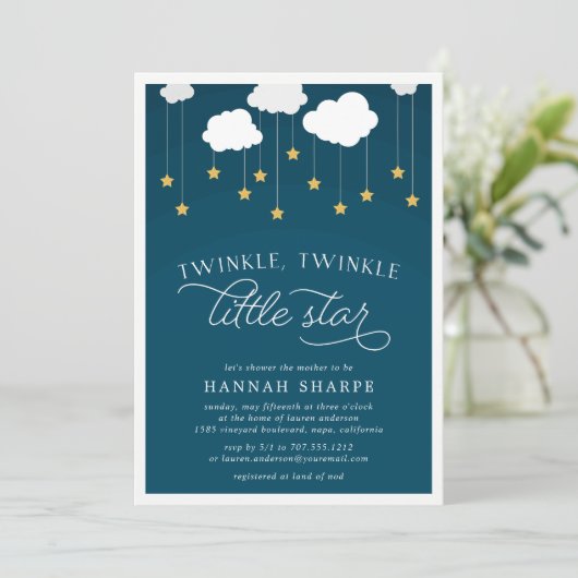 Little Star Baby shower Invitation | Marineblauw Kaart (Staand voorkant)