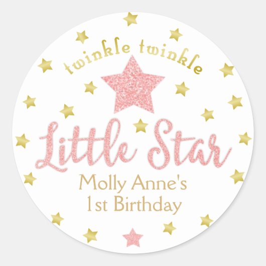 Little Star Verjaardag Meisje Roze Glitter Goud Ronde Sticker (Voorkant)