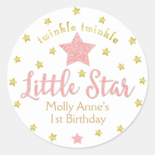 Little Star Verjaardag Meisje Roze Glitter Goud Ronde Sticker