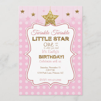 Little Star verjaardagsuitnodiging in roze en goud Kaart