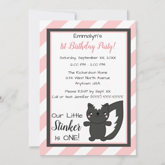 Little Stinker Pink Stripes Skunk Eerste Verjaarda Kaart (Voorkant)