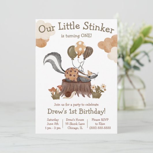 Little Stinker, Skunk, Woodland Birthday Party Kaart (Staand voorkant)