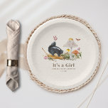 Little Stinker Woodland Skunk Girl Baby shower Papieren Bordje<br><div class="desc">Natuur storybook page inspireerde het 'kleine stinker'-baby shower met een illustratie van een stinkdier op een blad in het gras met twee paddenstoelen,  bloemen en vlinders.</div>
