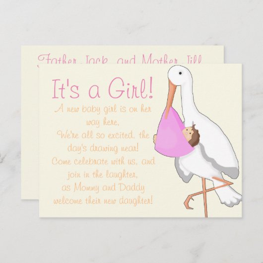 "Little Stork" Het is een meisje! Aankondigingskaart (Voorkant / Achterkant)