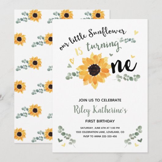 Little Sunflower 1st Birthday Invitation Kaart (Voorkant / Achterkant)