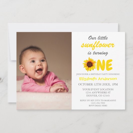Little Sunflower 1st Birthday Invitation Kaart (Voorkant)