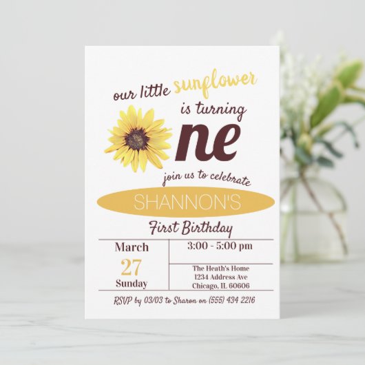 Little Sunflower 1st Birthday-uitnodiging Kaart (Staand voorkant)
