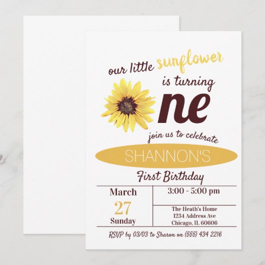 Little Sunflower 1st Birthday-uitnodiging Kaart (Voorkant / Achterkant)