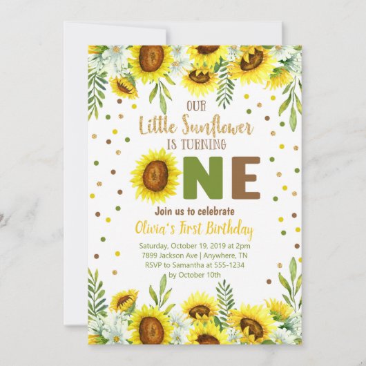 Little Sunflower Girl First Birthday Invitation Kaart (Voorkant)
