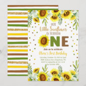 Little Sunflower Girl First Birthday Invitation Kaart (Voorkant / Achterkant)