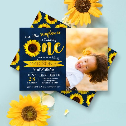 Little Sunflower Navy Blue 1st Birthday Foto Kaart
