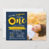 Little Sunflower Navy Blue 1st Birthday Foto Kaart (Voorkant)