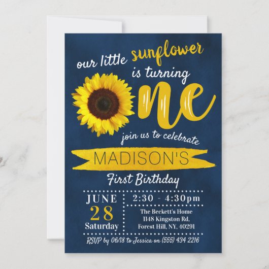 Little Sunflower Navy Blue 1st Birthday Kaart (Voorkant)