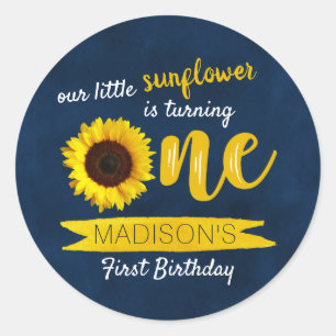 Little Sunflower Navy Blue 1st Birthday Ronde Sticker