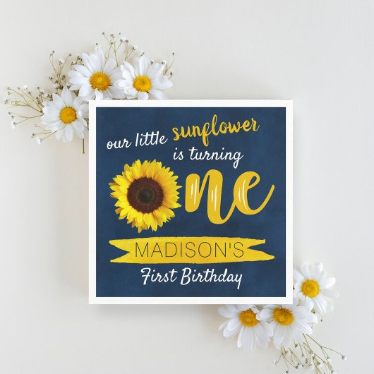 Little Sunflower Navy Blue 1st Birthday Servet