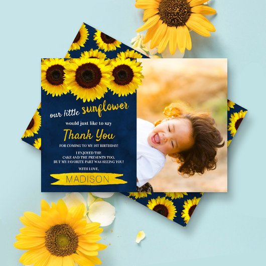 Little Sunflower Navy Blue Foto Birthday Bedankkaart