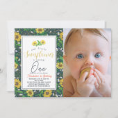 Little Sunflower Pattern Navy 1st Birthday Foto Kaart (Voorkant)