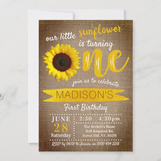 Little Sunflower Rustic Burlap 1e verjaardag Kaart (Voorkant)