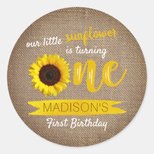 Little Sunflower Rustic Burlap 1e verjaardag Ronde Sticker