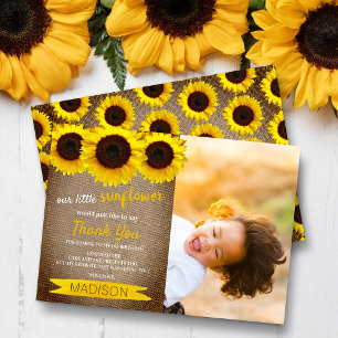 Little Sunflower Rustic Burlap Foto Birthday Bedankkaart