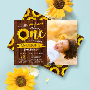 Little Sunflower Rustic Wood 1st Birthday Foto Kaart