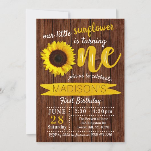 Little Sunflower Rustic Wood 1st Birthday Kaart (Voorkant)