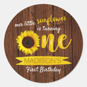 Little Sunflower Rustic Wood 1st Birthday Ronde Sticker