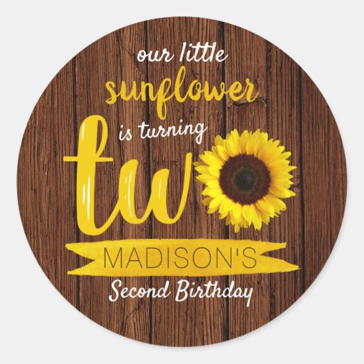 Little Sunflower Rustic Wood 2e verjaardag Ronde Sticker (Voorkant)