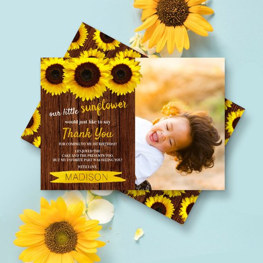 Little Sunflower Rustic Wood Foto Birthday Bedankkaart