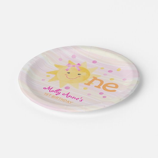 Little Sunshine 1st Birthday Girl Pink Yellow Papieren Bordje (Gekanteld)