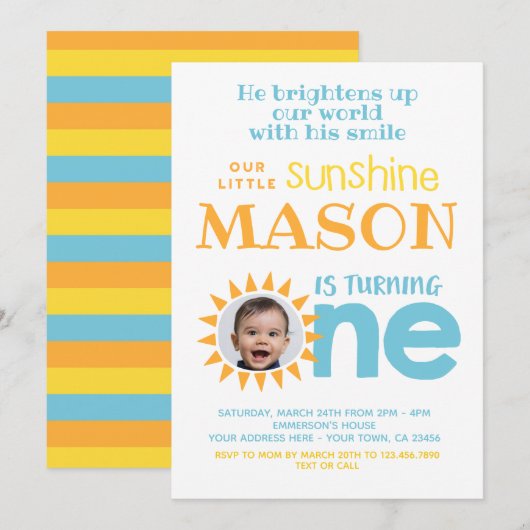 Little Sunshine 1st Birthday met foto Kaart (Voorkant / Achterkant)
